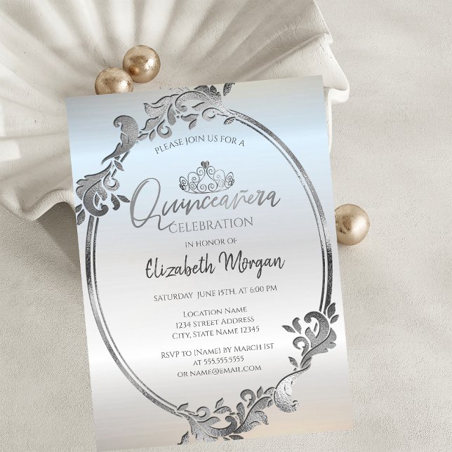 Convite Coroa de Quinceañera Chic em Prata (Criador carregado)