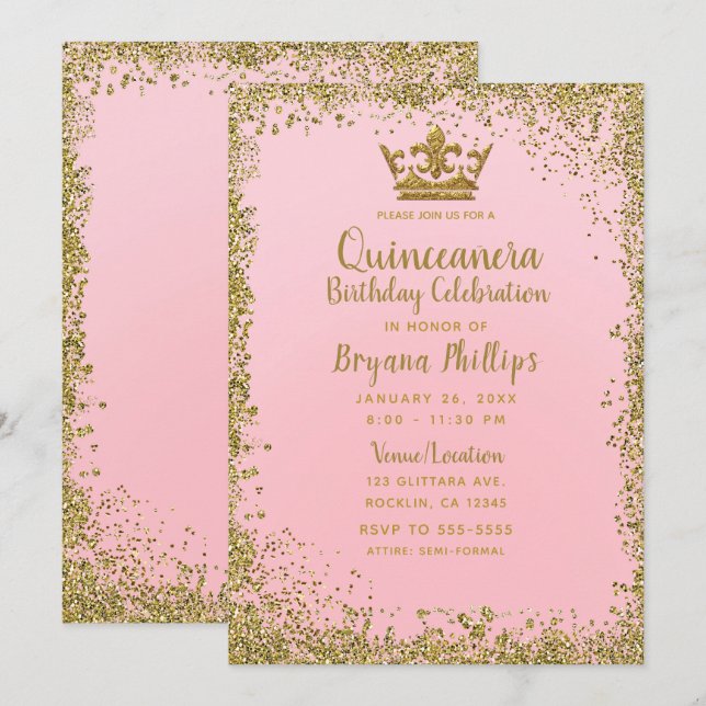 Convite Coroa de Quinze Anos Rosa e Dourado com Brilho (Frente/Verso)