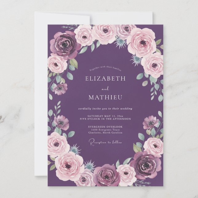 Convite Coroa de Ranúnculo Roxo Casamento (Frente)
