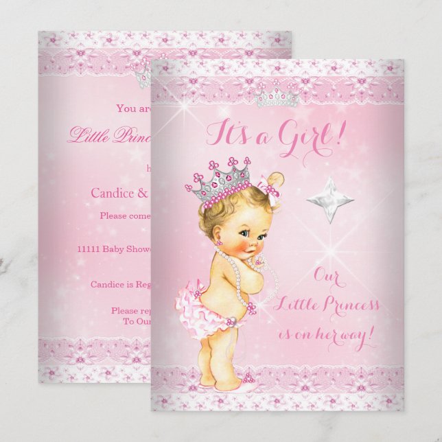 Convite Coroa de Renda Rosa para Chuvada de Bebê Princesa  (Frente/Verso)