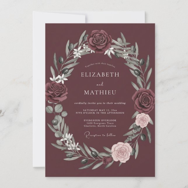 Convite Coroa de Romance Casamento Flor Burgundy (Frente)