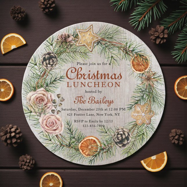 Convite Coroa de Rosa de Pinheiro Rústico Almoço de Natal (Criador carregado)
