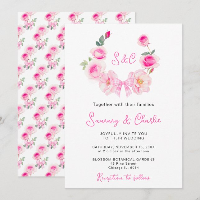 Convite Coroa de Rosa Rosa Coquette Arco Casamento (Frente/Verso)