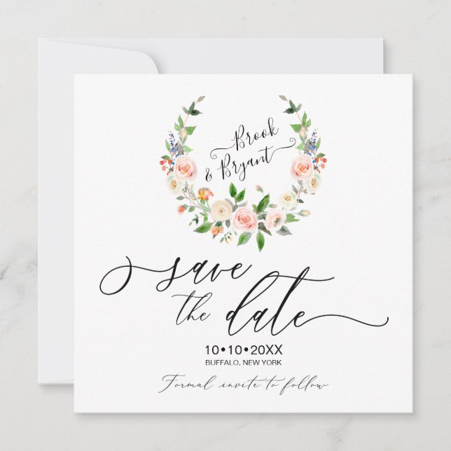 Convite Coroa de Rosas Beige em Aquarela Save the Date (Frente)