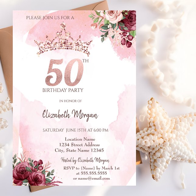 Convite Coroa de Rosas com Glitter em Rose Gold para Festa (Criador carregado)