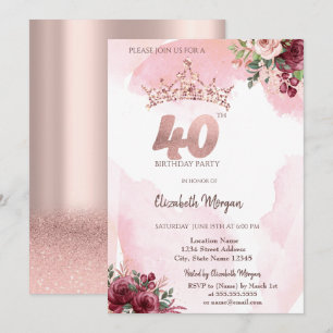 Convite Coroa de Rosas com Purpurina Dourado Rosa para 40º