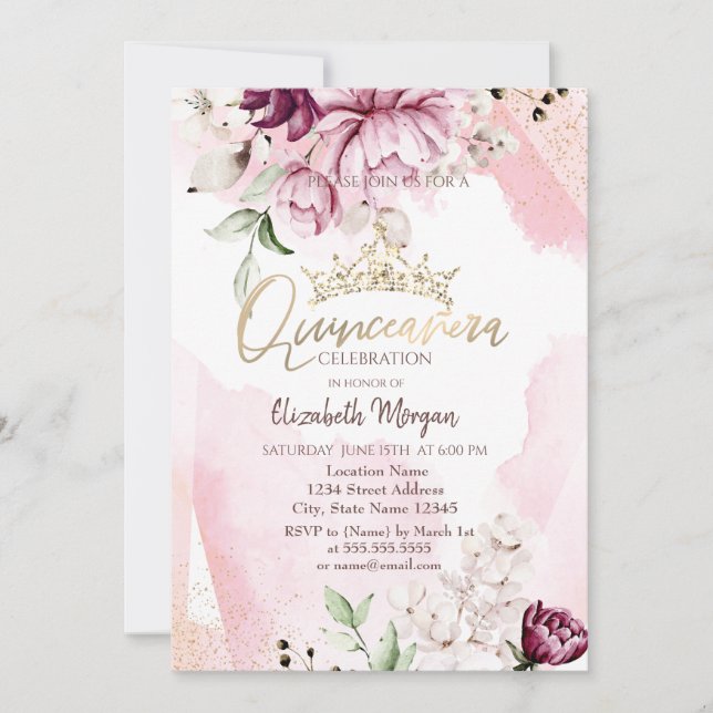Convite Coroa de Rosas Violeta Chic para Quinceañera (Frente)