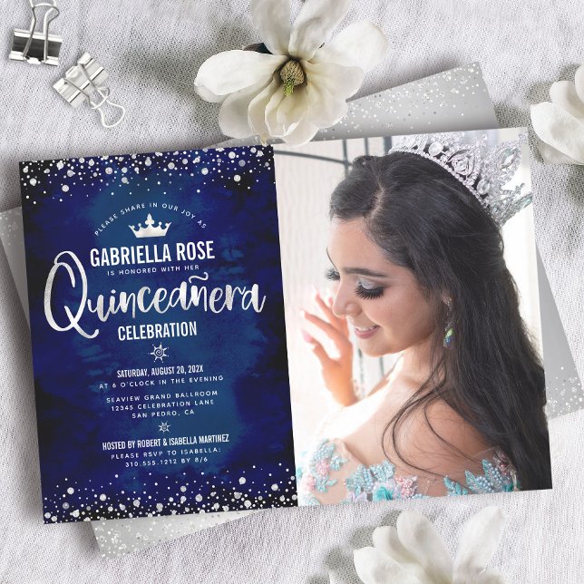 Convite Coroa de Script com Brilho Azul Marinho Prata Quin (Criador carregado)