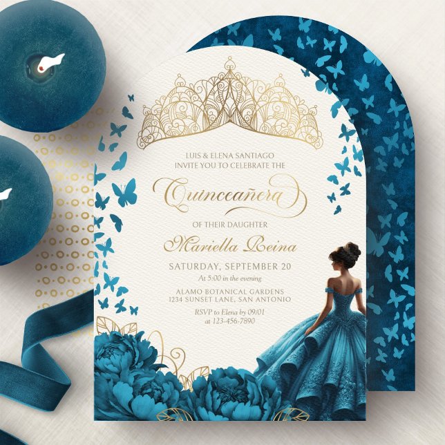 Convite Coroa de Tiara Floral Azul Escuro Quinceanera (Criador carregado)