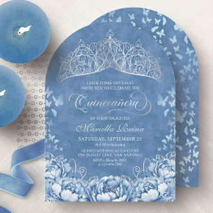 Convite Coroa de Tiara Prata Azul Claro Quinceanera