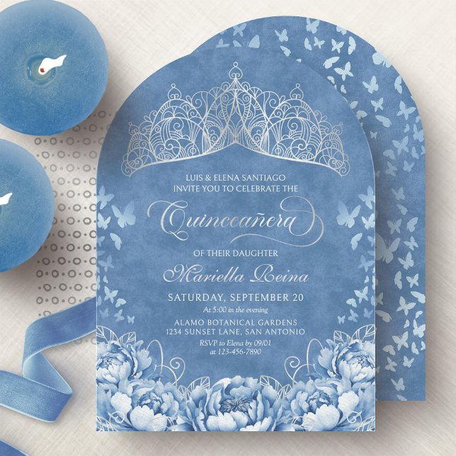 Convite Coroa de Tiara Prata Azul Claro Quinceanera (Criador carregado)
