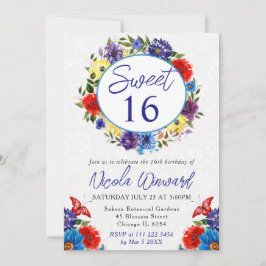 Convite Coroa de verão aquarela vermelha e azul Sweet 16