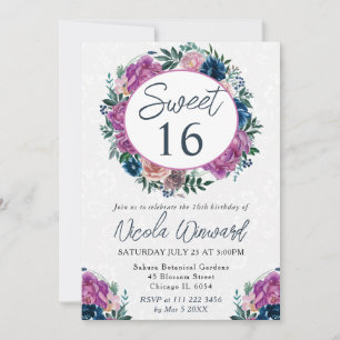 Convite Coroa de Verão Azul e Roxo em Aquarela Sweet 16