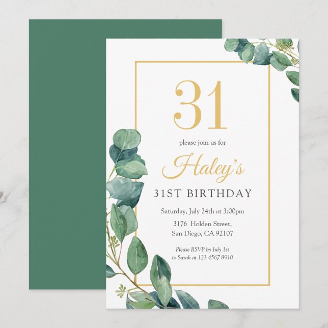 Convite Coroa de Verdura Chic Dourado & Salvia Aniversário (Frente/Verso)
