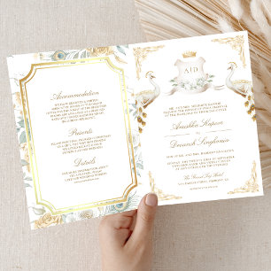 Convite Coroa Dourada Casamento Real Peacock Indiano Branc