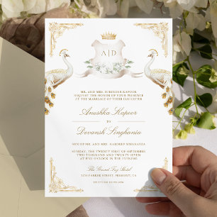 Convite Coroa Dourada Casamento Real Peacock Indiano Branc