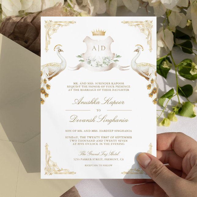 Convite Coroa Dourada Casamento Real Peacock Indiano Branc (Criador carregado)