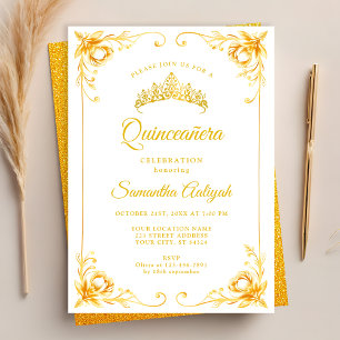 Convite Coroa Dourada de Luxo Branco e Dourado Quinceanera