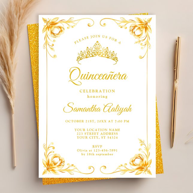 Convite Coroa Dourada de Luxo Branco e Dourado Quinceanera (Criador carregado)