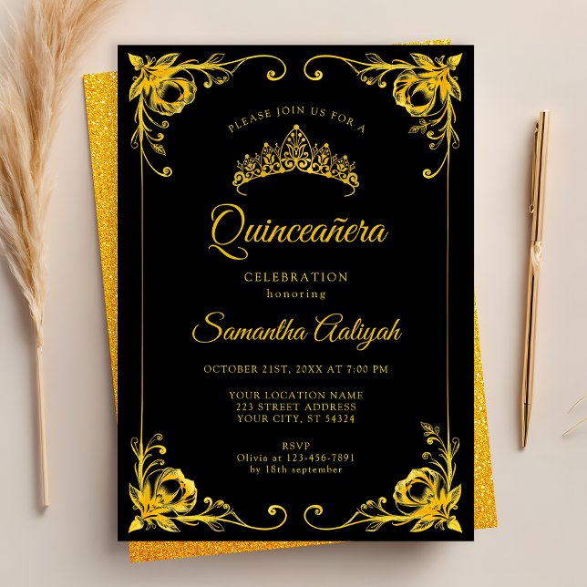 Convite Coroa Dourada de Luxo Preto e Dourado Quinceanera (Criador carregado)
