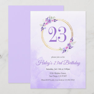 Convite Coroa Dourada Floral Roxo Pastel Aniversário de 23
