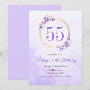 Convite Coroa Dourada Floral Roxo Pastel Aniversário de 55