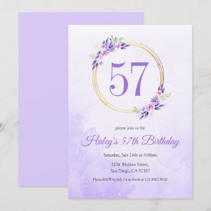 Convite Coroa Dourada Floral Roxo Pastel Aniversário de 57