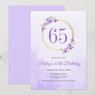 Convite Coroa Dourada Floral Roxo Pastel Aniversário de 65