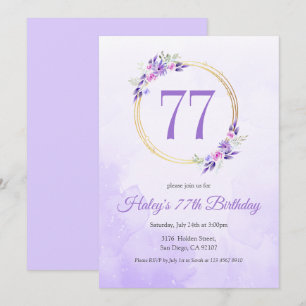 Convite Coroa Dourada Floral Roxo Pastel Aniversário de 77