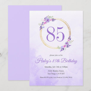 Convite Coroa Dourada Floral Roxo Pastel Aniversário de 85
