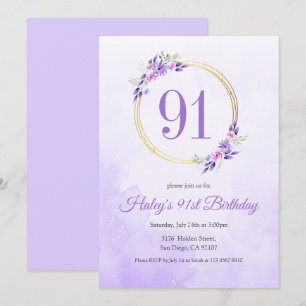 Convite Coroa Dourada Floral Roxo Pastel Aniversário de 91