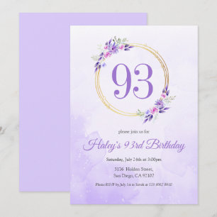 Convite Coroa Dourada Floral Roxo Pastel Aniversário de 93