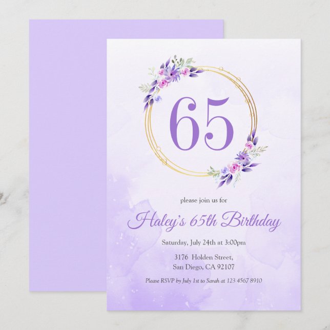 Convite Coroa Dourada Floral Roxo Pastel de 65 Anos (Frente/Verso)