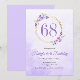 Convite Coroa Dourada Floral Roxo Pastel de 68º Aniversári