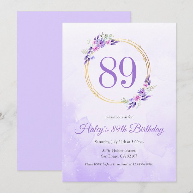Convite Coroa Dourada Floral Roxo Pastel de 89º Aniversári (Frente/Verso)