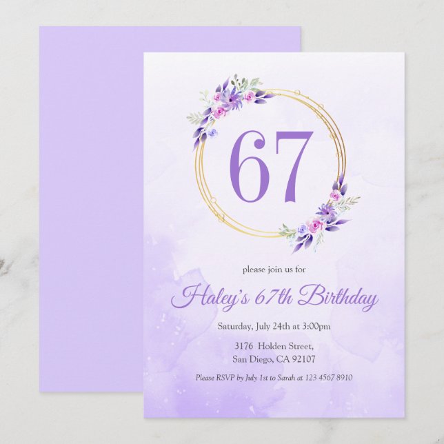 Convite Coroa Dourada Floral Roxo Pastel de Aniversário de (Frente/Verso)