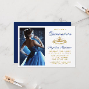 Convite Coroa Dourada Moderna e Elegante Azul Real Quincea