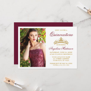 Convite Coroa Dourada Moderna e Elegante Burgundy Quincean
