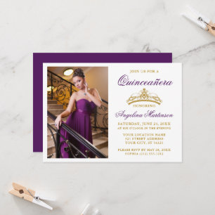 Convite Coroa Dourada Moderna e Elegante Foto Roxa Quincea