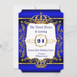 Convite Coroa Dourada Ornamentada Azul para Aniversário de