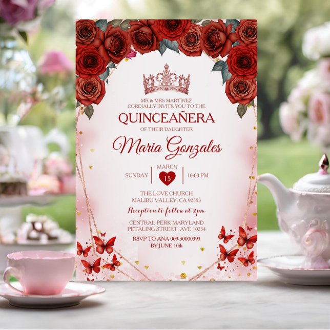 Convite Coroa Dourada rosa vermelha do Rosa Quinceañera (Criador carregado)