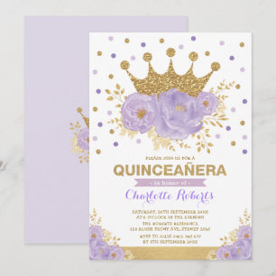 Convite Coroa Dourada Roxa Confetti Quinceañera