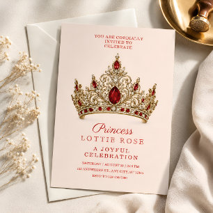 Convite Coroa Dourada Vermelha Real Princesa 5º Aniversári