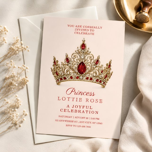 Convite Coroa Dourada Vermelha Real Princesa 5º Aniversári (Criador carregado)