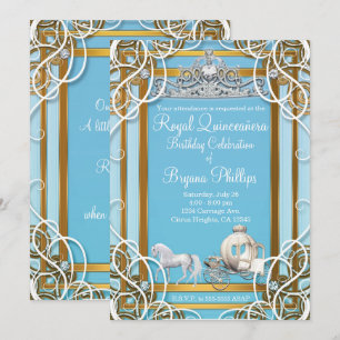 Convite Coroa e Carruagem Princesa Azul Dourada Quinceañer