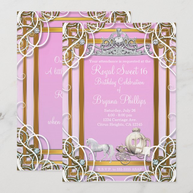 Convite Coroa e Carruagem Princesa Dourado Rosa Festa Swee (Frente/Verso)