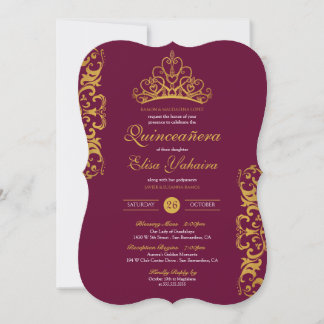 Convite Coroa Elegante Dourada da Burgundia Real Quinceañe
