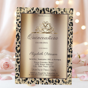 Convite Coroa Elegante Estampa de Leopardo Doce Quinceañer