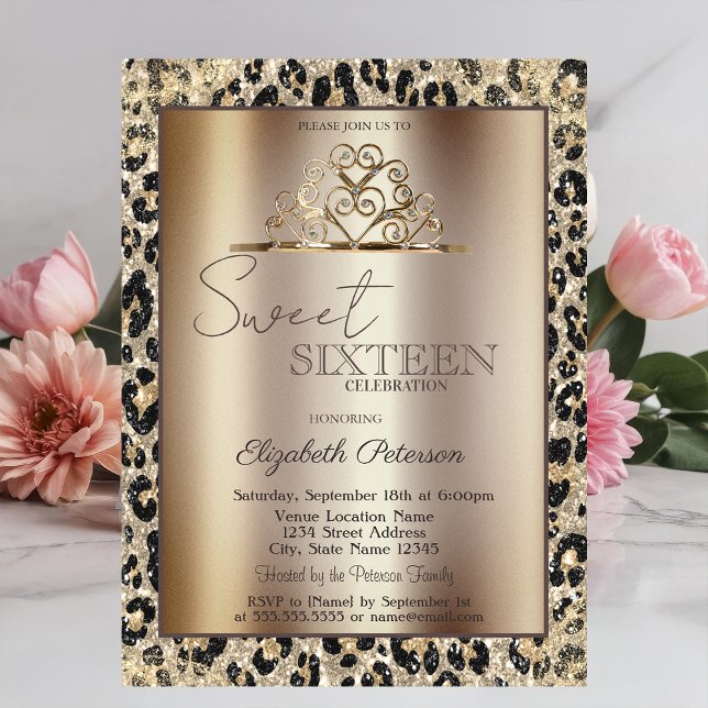Convite Coroa Elegante Estampa de Leopardo Sweet 16 (Criador carregado)