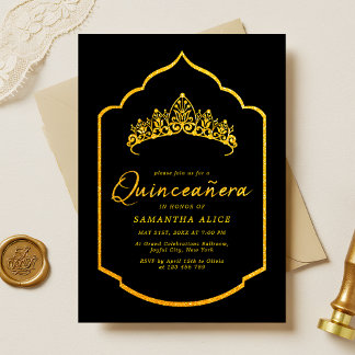 Convite Coroa Elegante Preto e Dourado Quinceanera